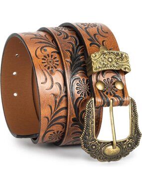 Unisex Brown PU Leather Belt Vintage Western Cowboy Waist Belt Carved Buckle